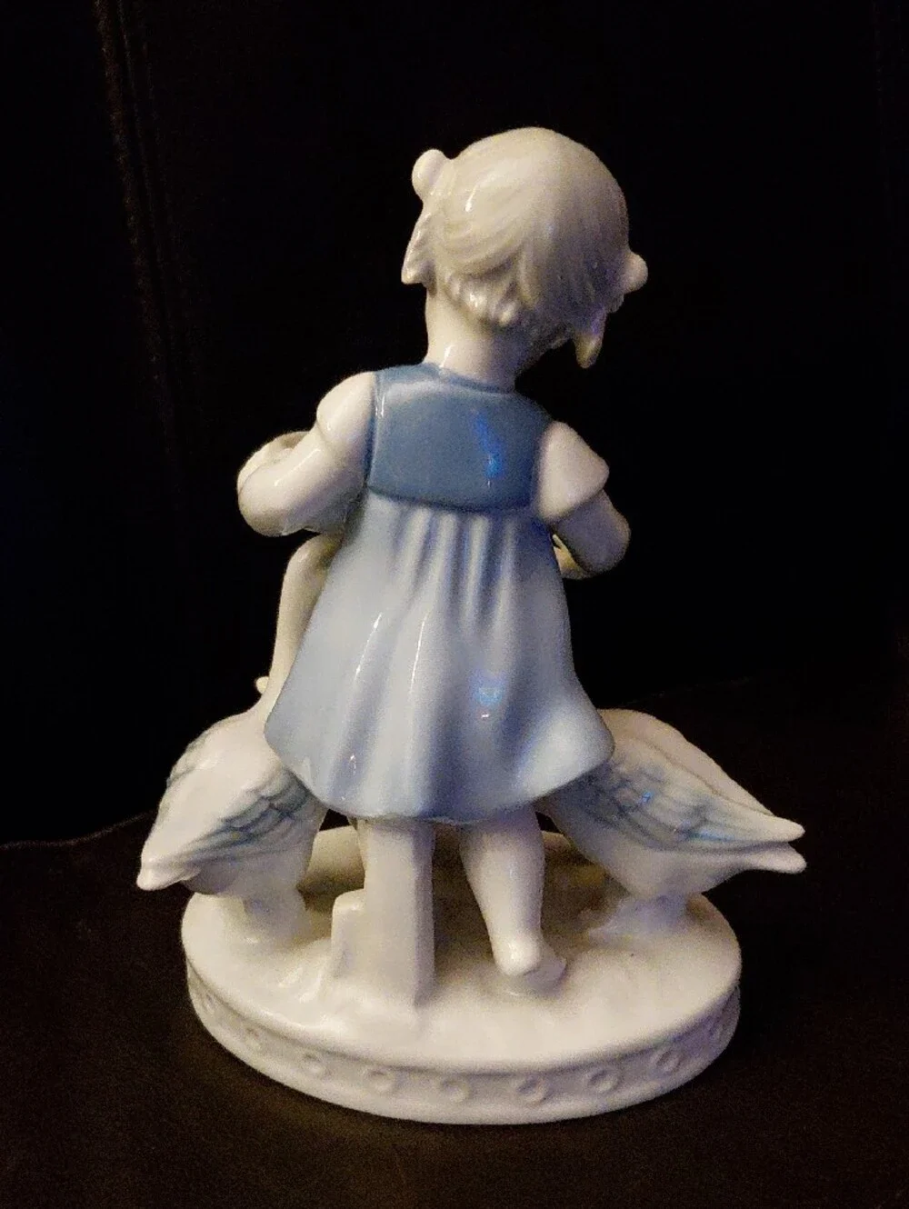 Porcelain Girl Feeding Geese Figurine — Blue and White